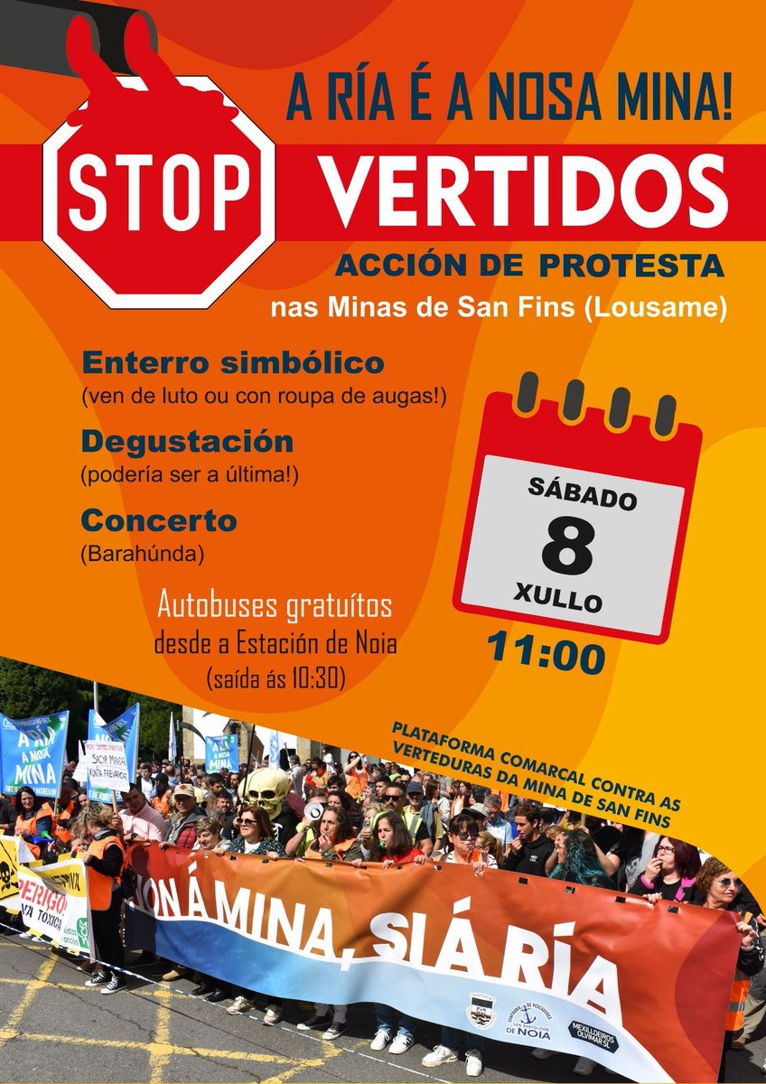 SLG_labregxs's tweet photo. #NonÁMinaSiÁRía
🗓️Xornada festiva e reivindicativa o vindeiro sábado 8 de xullo  ás 11h. #XuntasSomosMáisFortes na defensa da #RíaDeNoia, fronte aos verquidos das minas de #SanFins (#Lousame)
🚌Autobuses gratuítos dende a estación de #Noia 
#ATerraEoMarDeféndense https://t.co/tTZjZTMl6N