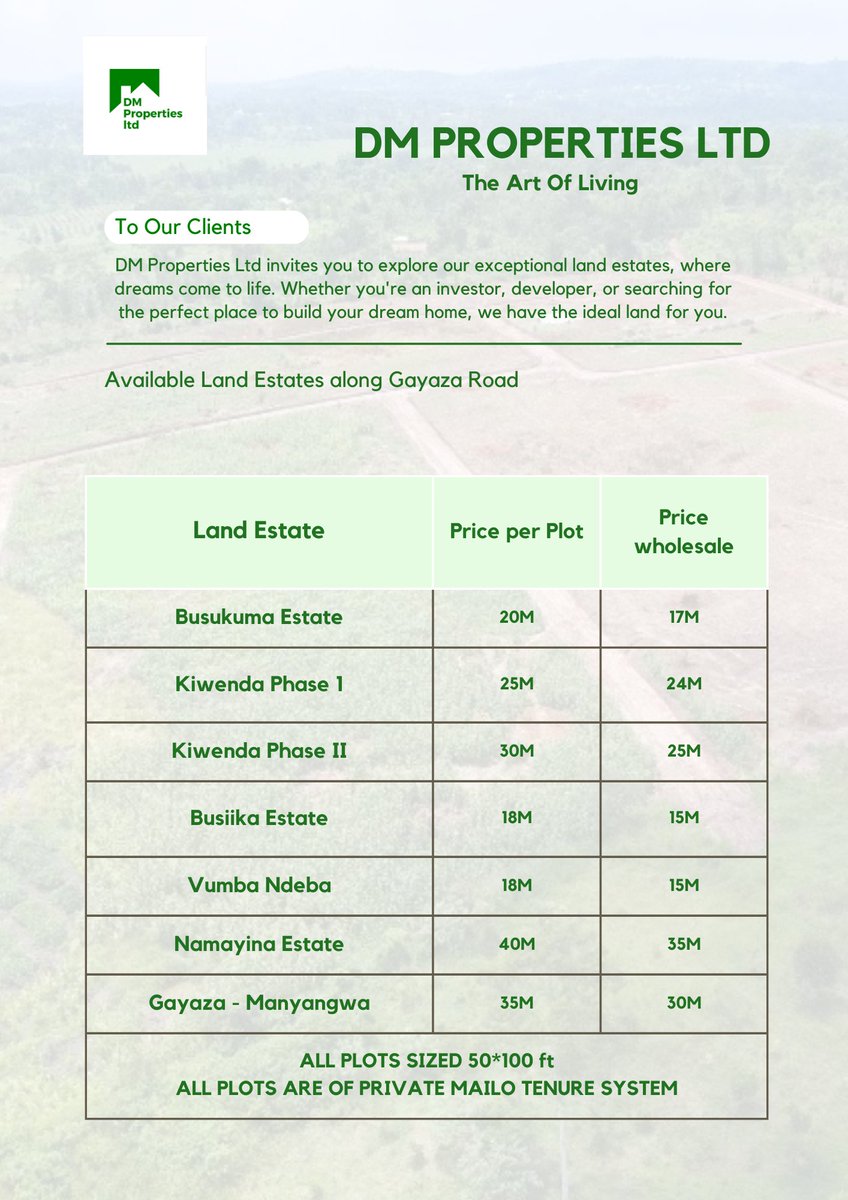 dmpropertiesltd's tweet photo. To our Clients. 
Below are the Available Land Estates. 

Book a Free Inspection. 
256 778 873 032.| 256 752 596 808
informdmproperties@gmail.com. https://t.co/QyhoQB67rT