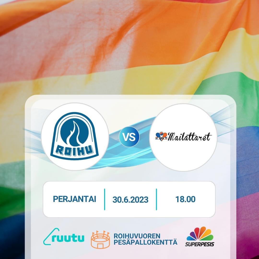 Perjantaina klo 18.00 pelattava kotipeli Vaasan Mailattaria on samalla Roihun <a href="/helsinkipride/">Helsinki Pride -yhteisö</a> -yhteistyötapahtuma. 🏳️‍🌈

Tule perjantaina peliin ja tue samalla tasa-arvoista ja yhdenvertaista urheilua ja Pride-aatetta. 

#superpesis #roihuttaret #pesäpallo #pesis #Pride2023