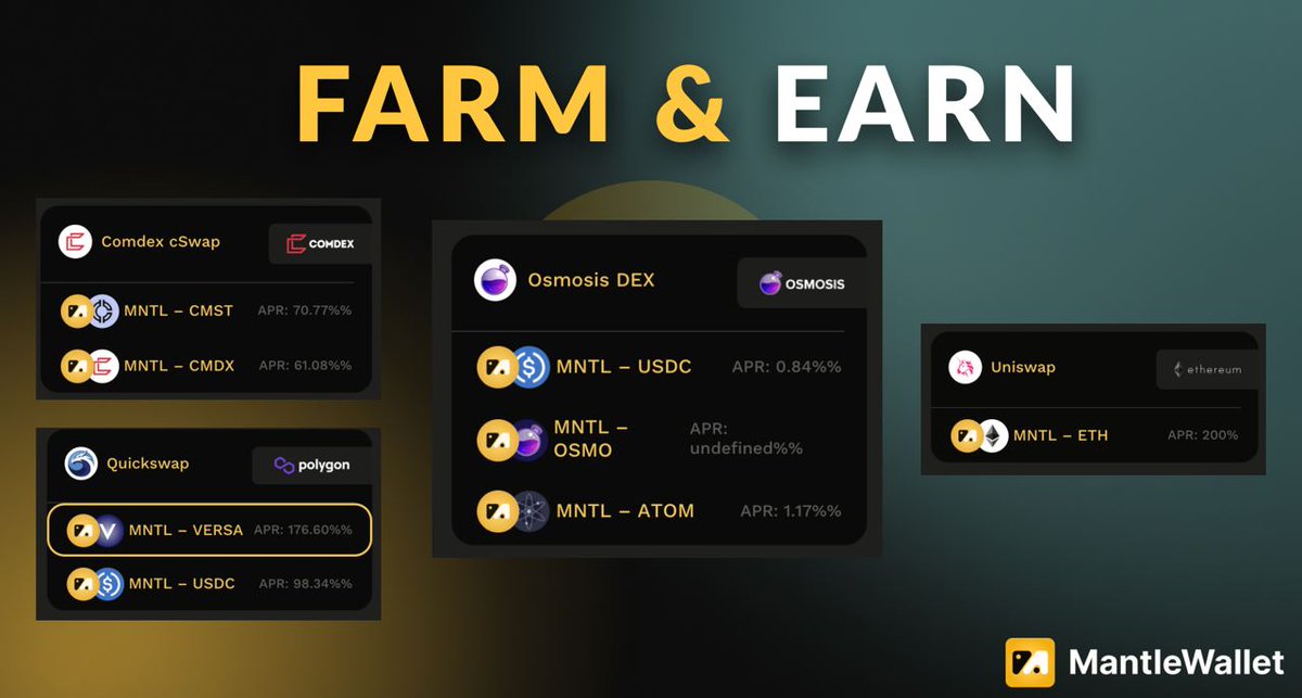 AssetMantle's tweet photo. 🌾🚜  MantleWallet Farming: yield generation via staking LP tokens 

1️⃣ Add Liquidity to Token Pairs 🔄
Contribute equal amounts of #MNTL &amp; #ETH to the MNTL-ETH pair, for example on #Uniswap

Get LP tokens representing your share of the pool &amp; earn transaction fee rewards📈 https://t.co/zddMip7FvR