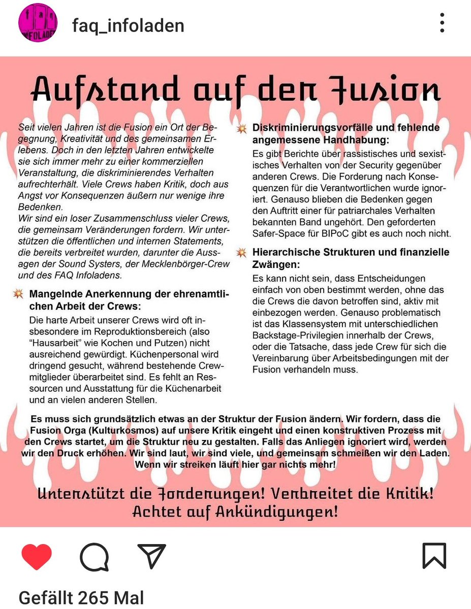 Ihr habt es vielleicht mitbekommen, die #fusion in lärz war ja auch eigentlich mal ein irgendwiepolitisches Projekt.
Nun haben sich erneut Leute zusammengefunden, die sich mit den herrschenden Zuständen dort nicht abfinden wollen.
Neu ist, dass sie sich nun kollektiv organisieren