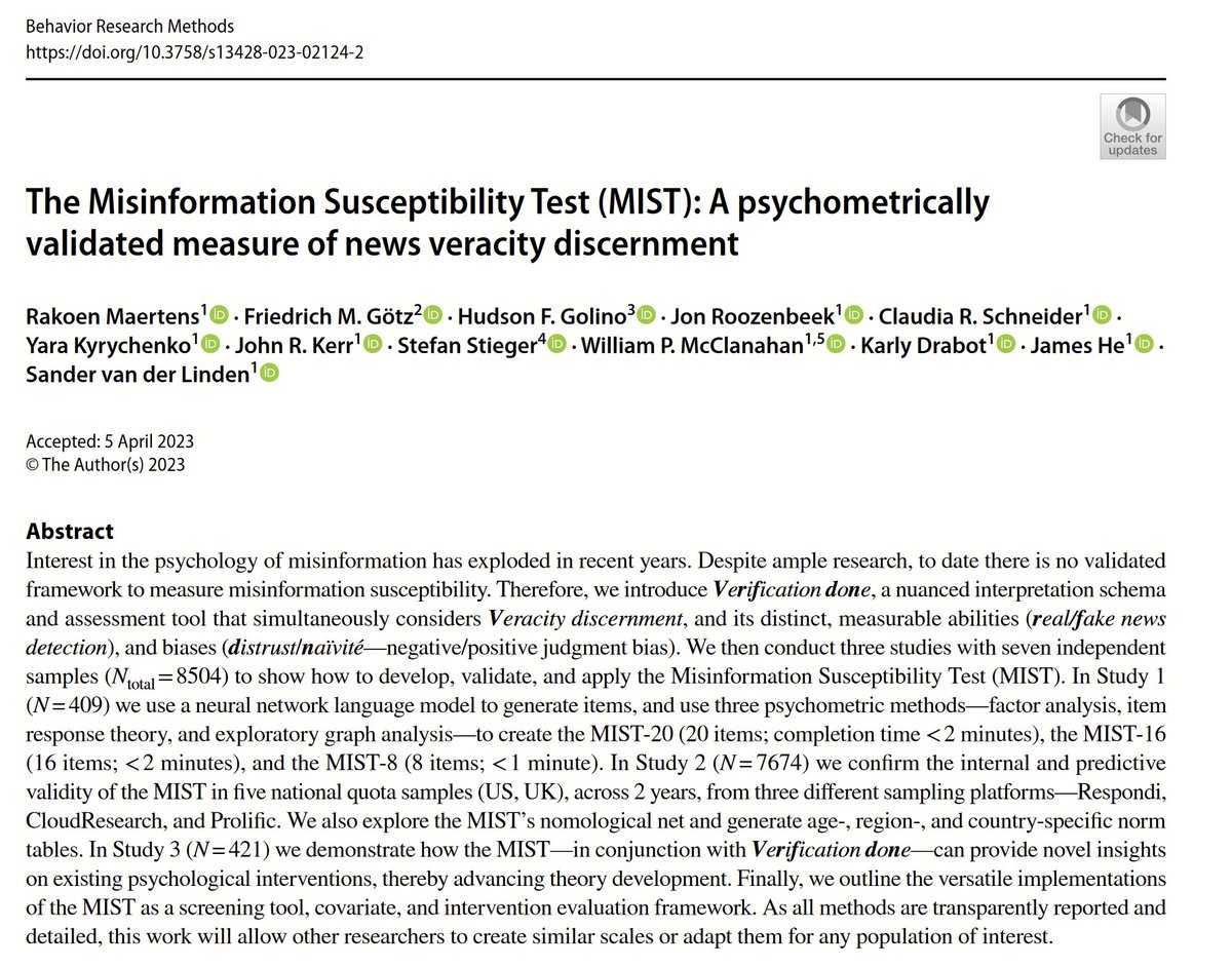 📢PAPER: misinformation research often uses random headlines to test people. It's the Wild Wild West of testing. Led by the brilliant @RakoenMaertens, we offer the first #AI-generated psychometrically validated; MISINFORMATION SUSCEPTIBILITY TEST (MIST)🧵 cam.ac.uk/stories/mist