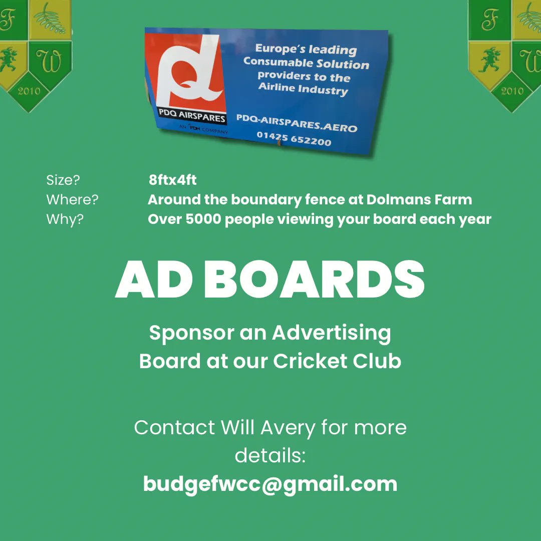 FWCricket's tweet photo. Advertising Boards…

We are looking for companies to sponsor an advertising board which will be put up at our cricket ground. 

If you are interested in this exciting opportunity, please contact Will Avery via his email (budgefwcc@gmail.com) or DM us for more details. https://t.co/CXo8sJLtGh