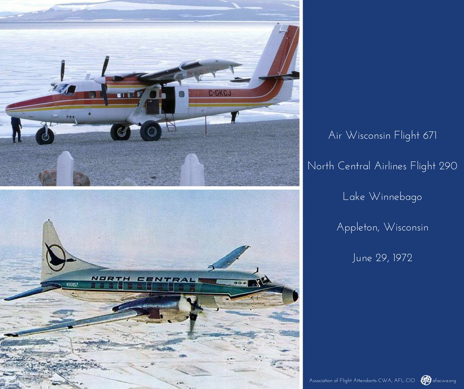 We remember the two Captains, two First Officers and North Central Airlines Flight Attendant Frances M. Rabb, along with 8 passengers, who perished after Air Wisconsin Flight 671 & North Central Airlines Flight 290 collided over Lake Winnebago near Appleton, Wisconsin on 6/29/72. https://t.co/dwEdL5nXhR