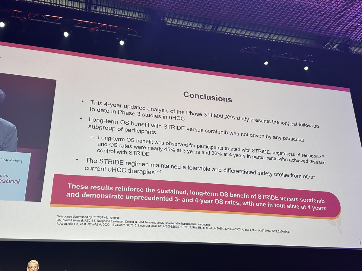ArndtVogel's tweet photo. 4-yr OS update from the phs 3 HIMALAYA trial of tremelimumab + durvalumab in HCC at #WCGIC2023 
👉Excellent long-term survival data for STRIDE
👉4-yr OS rate of 19% (unprecedented in HCC)
👉Long-term OS observed in relevant subgroups, incl. pts with non-viral liver disease
@myESMO @EASLnews @ILCAnews #livertwitter @WCGIC