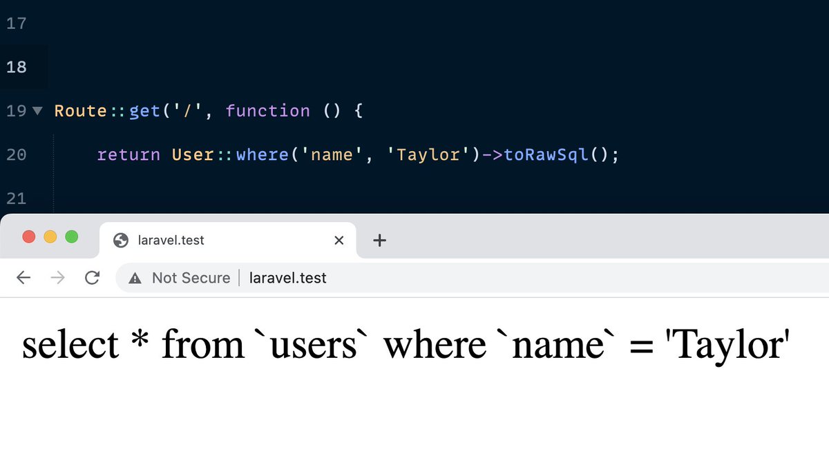 Next week a method requested for *years* lands in Laravel. The 'toRawSql' method gives you the raw SQL of a query with all bindings substituted. 🔥 Just copy and paste the query into a DB app. *Not* as easy as it sounds and is result of a lot of hard work by @tobias_petry. ❤️