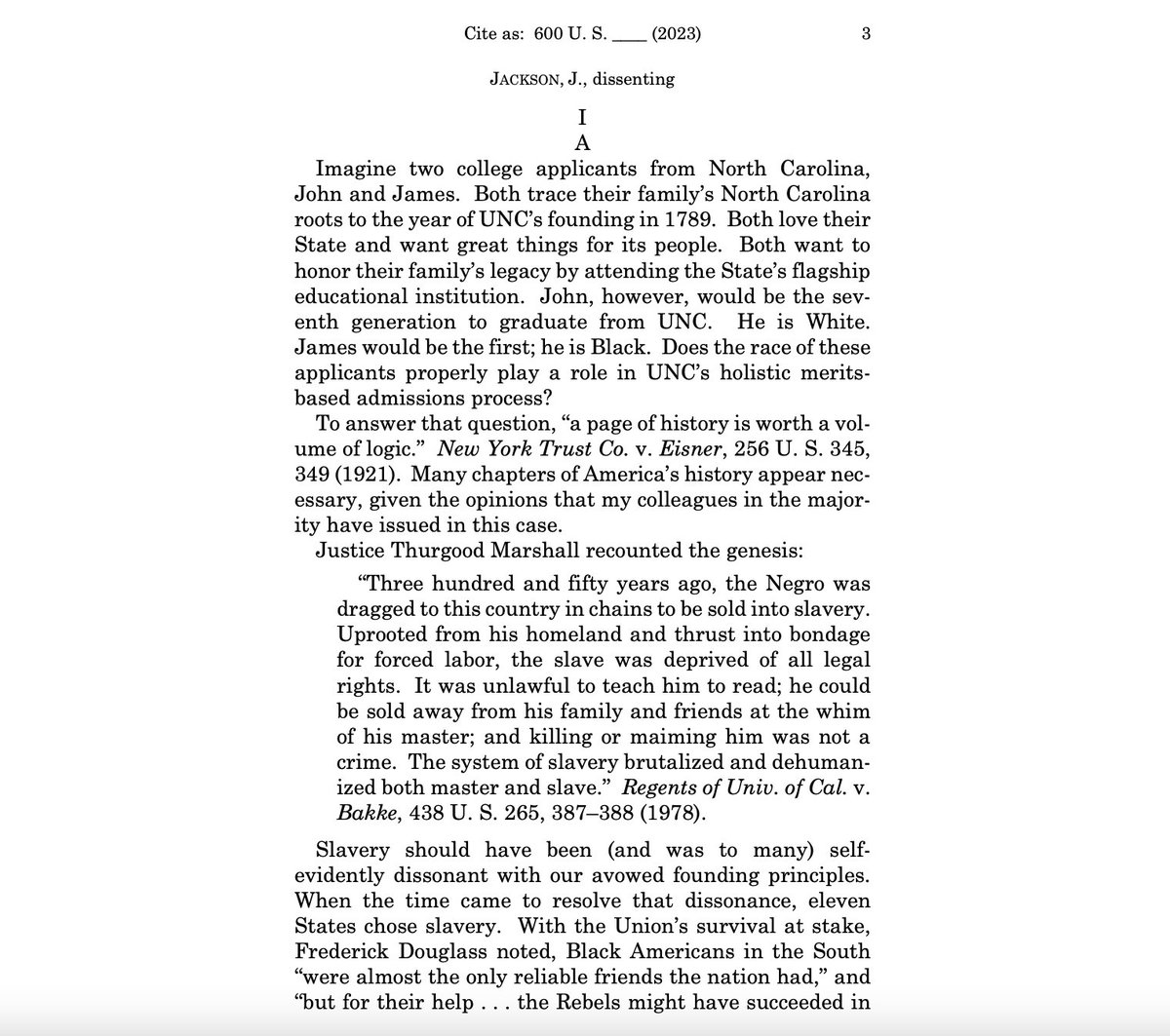 Justice Ketanji Brown Jackson: 'Imagine two college applicants from North Carolina, John and James.' John is white and would be seventh generation at UNC. James is Black and would be the first generation at the school.