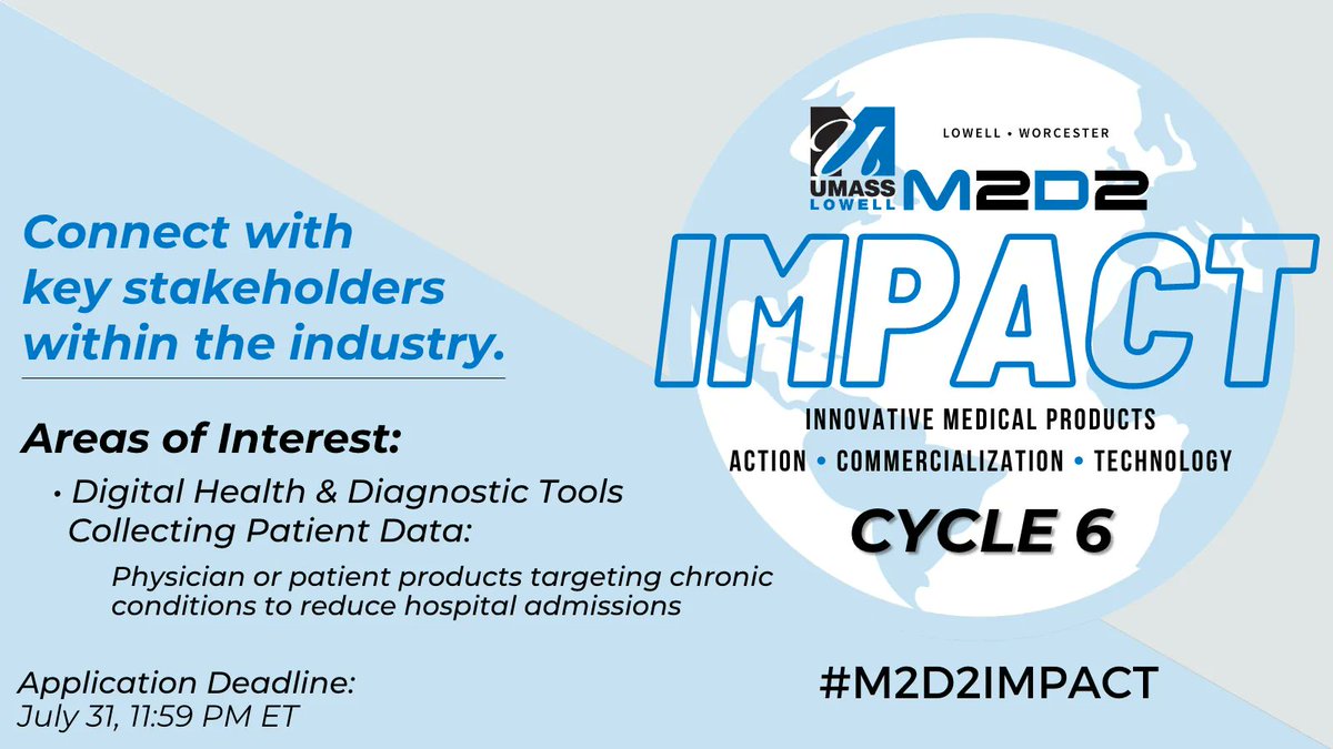 In Cycle 6 of the #M2D2IMPACT Program, we are connecting #Startups with opportunities to test their #DigitalHealth products on the U.S. marketplace.
 
You can apply until July 31. Learn more: buff.ly/3ne1kSc
#Diagnostics #LifeSciences