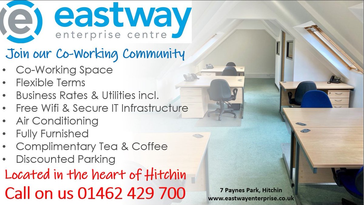 Cut costs in our bright and spacious Co-working Space.  Available for rent with its own internal #meetingroom #servicedoffices #hotdesk #rentedoffices #businessaddress #mailhandling #visithitchin #hertschamberofcommerce