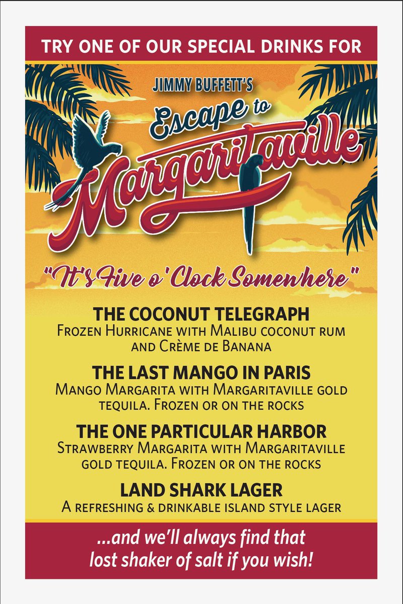 Kick off your summer with one of our delicious drink specials when you come to see JIMMY BUFFETT’S ESCAPE TO MARGARITAVILLE! Great seats available: 7/5, 7/6, 7/7. Call 410-730-8311 or visit Ticketmaster.com: ticketmaster.com/tobys-dinner-t…