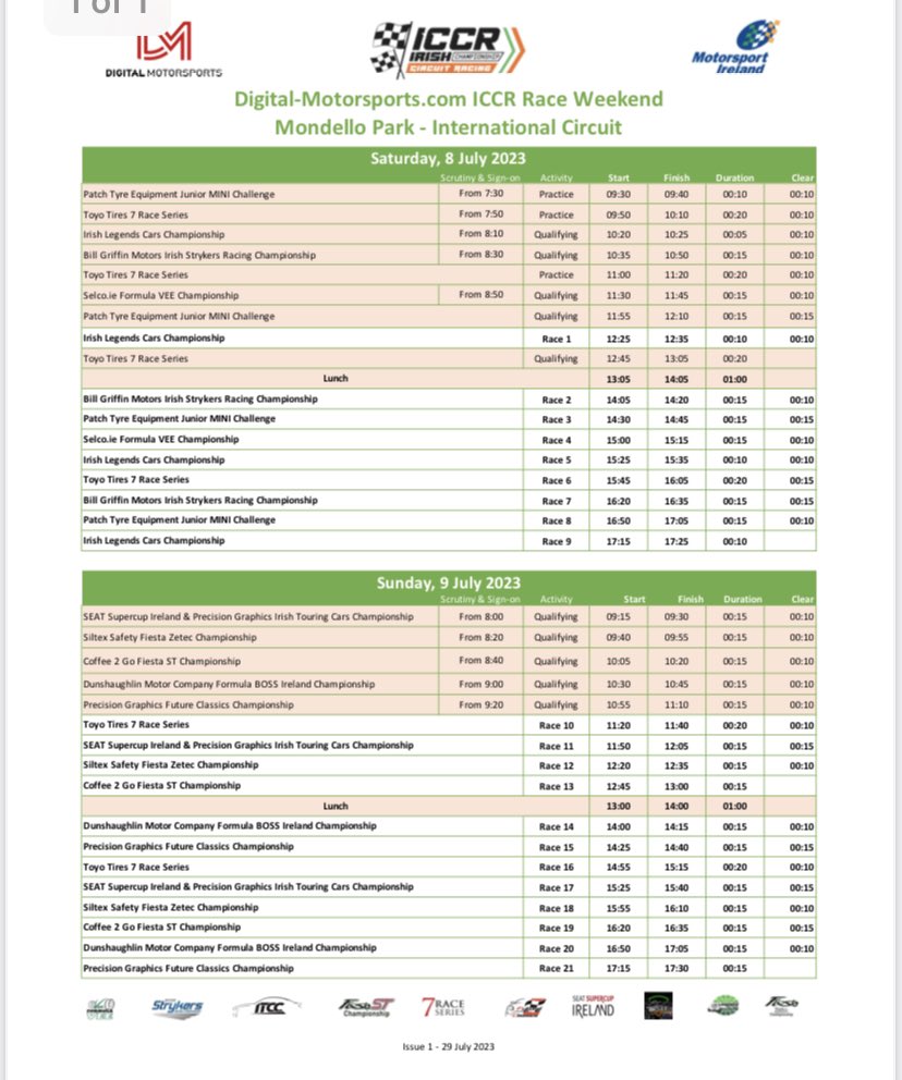 Timetable for the #ICCR race meeting next weekend at <a href="/Mondello_Park/">Mondello Park</a> 🚦🏁⏱