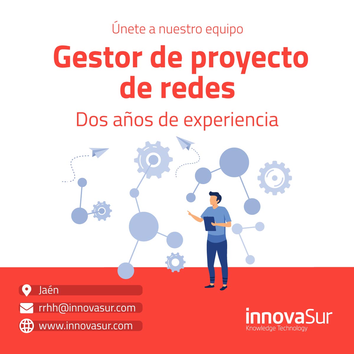 Innovasur's tweet photo. 📣 ¡En @Innovasur buscamos profesionales!
👇 Estas son nuestras ofertas de #empleo activas:
- Ingeniero/a Técnico/a IoT
- Técnico/a de Ciberseguridad
- Técnico/a senior de red
- Gestor/a de proyecto de sistemas
- Gestor/a de proyecto de redes
#InnovaSur #Hiring #OfertaDeEmpleo https://t.co/aKqsCjJh09