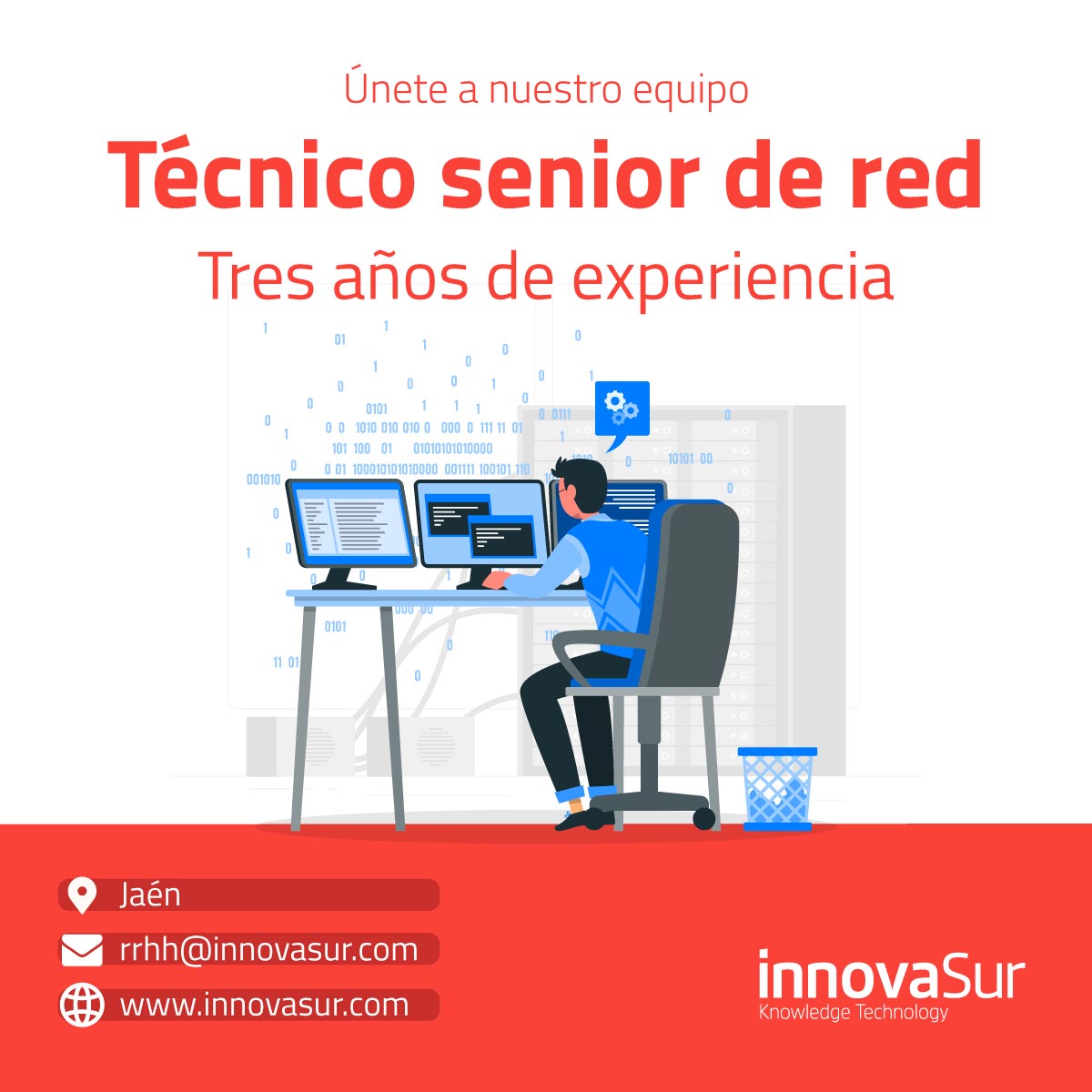 Innovasur's tweet photo. 📣 ¡En @Innovasur buscamos profesionales!
👇 Estas son nuestras ofertas de #empleo activas:
- Ingeniero/a Técnico/a IoT
- Técnico/a de Ciberseguridad
- Técnico/a senior de red
- Gestor/a de proyecto de sistemas
- Gestor/a de proyecto de redes
#InnovaSur #Hiring #OfertaDeEmpleo https://t.co/aKqsCjJh09