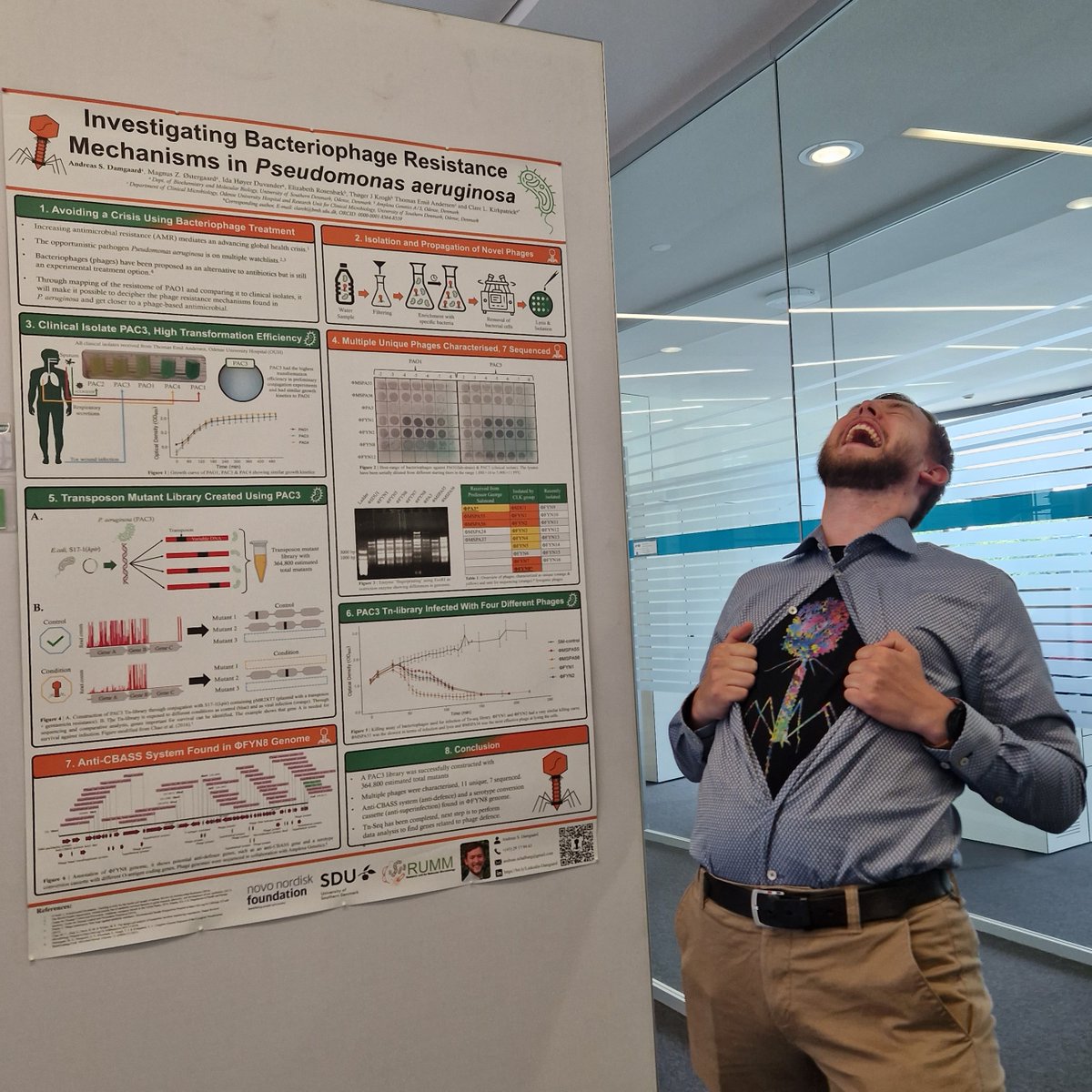 AndreasDamgaar5's tweet photo. Ready for the second poster session! Come by poster 108 for a look into how we are characterising isolated phages and using Tn-seq to find resistance mechanisms. I will try to avoid going into lysis! ;)
@EMBLEvents @RUMM_BMB_SDU 

#EESMicrobiology #Heidelberg https://t.co/Ts0YlOoFo8