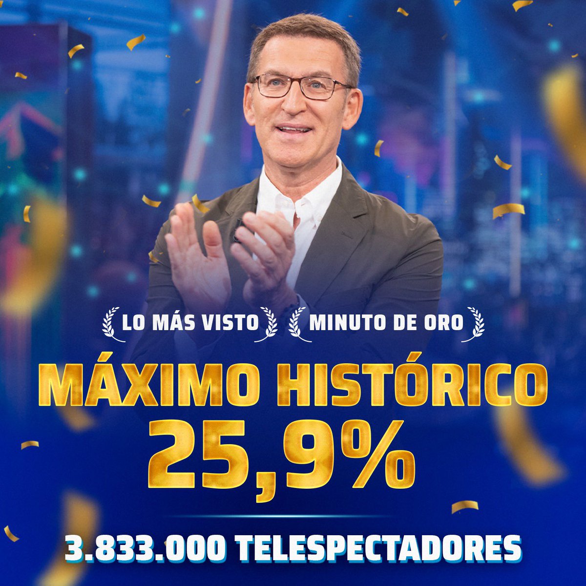 Anoche conseguimos nuestro MÁXIMO HISTÓRICO con un 25.9% de share. La visita de @NunezFeijoo se convirtió en LO MÁS VISTO y MINUTO DE ORO con 3.833.000 telespectadores ¡GRACIAS! ❤️ #audiencias #FeijóoEH