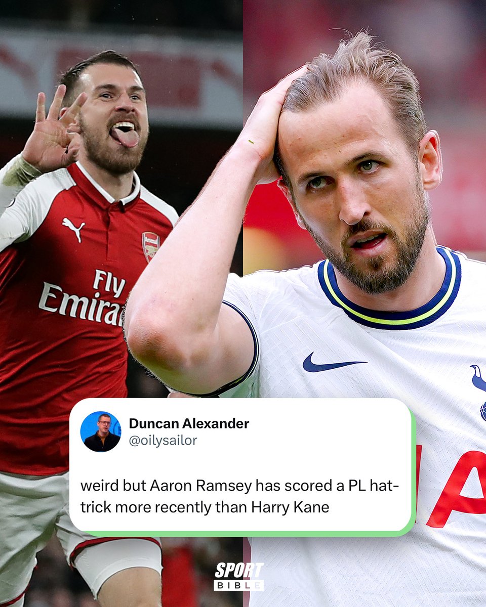 🔴 Aaron Ramsey’s last PL hat-trick: 3rd February 2018 vs Everton

⚪️ Harry Kane’s last PL hat-trick: 26th December 2017 vs Southampton

Crazy that despite all of his goals, the Spurs striker hasn’t hit a treble in over 5 years 🤯