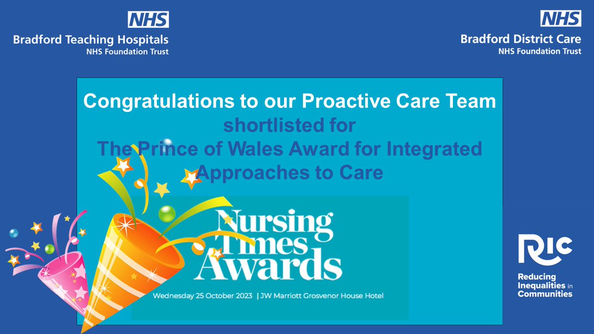 We've been nominated!🥳 The PACT team are excited to announce we have been shortlisted for a @NursingTimes award for Integrated Approaches to Care 🤩 #bdcft #proactivecare #nursingtimes #nhs