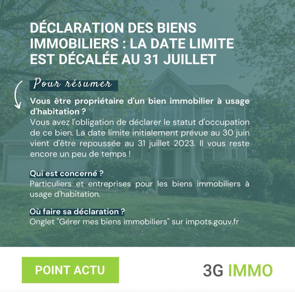 [Point actu] 📢
Vous êtes un particulier ou une entreprise et possédez un bien immobilier à usage d’habitation ? 
Alors vous êtes sûrement concerné par cette actualité ! 

Pour plus d’informations à ce sujet 👉 : lnkd.in/deMTVb95 

#3gimmo #immobilier