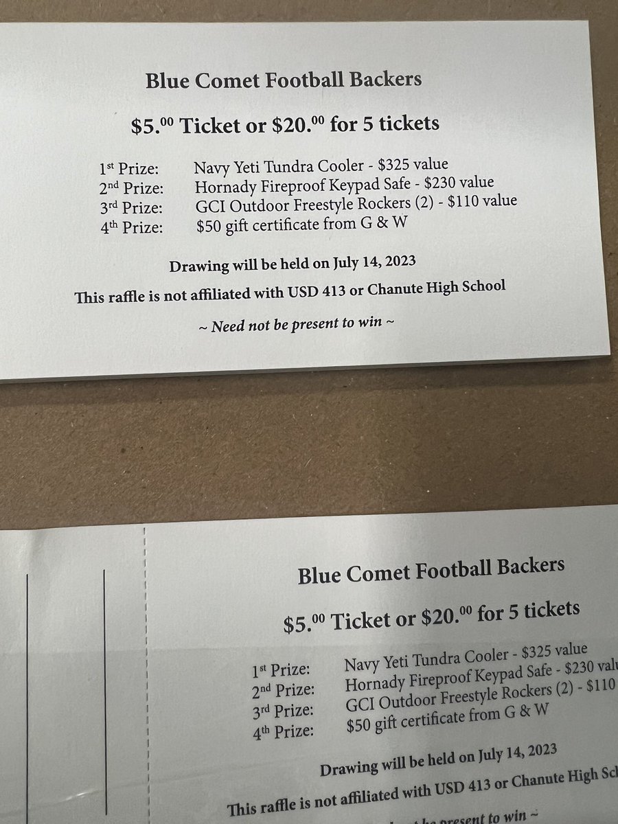 cletefrazell's tweet photo. The Blue comet football backers are selling these tickets over the holiday week. Hit up one of our football players to help raise funds for meals, awards, posters and camp needs! https://t.co/io57RcxXRW