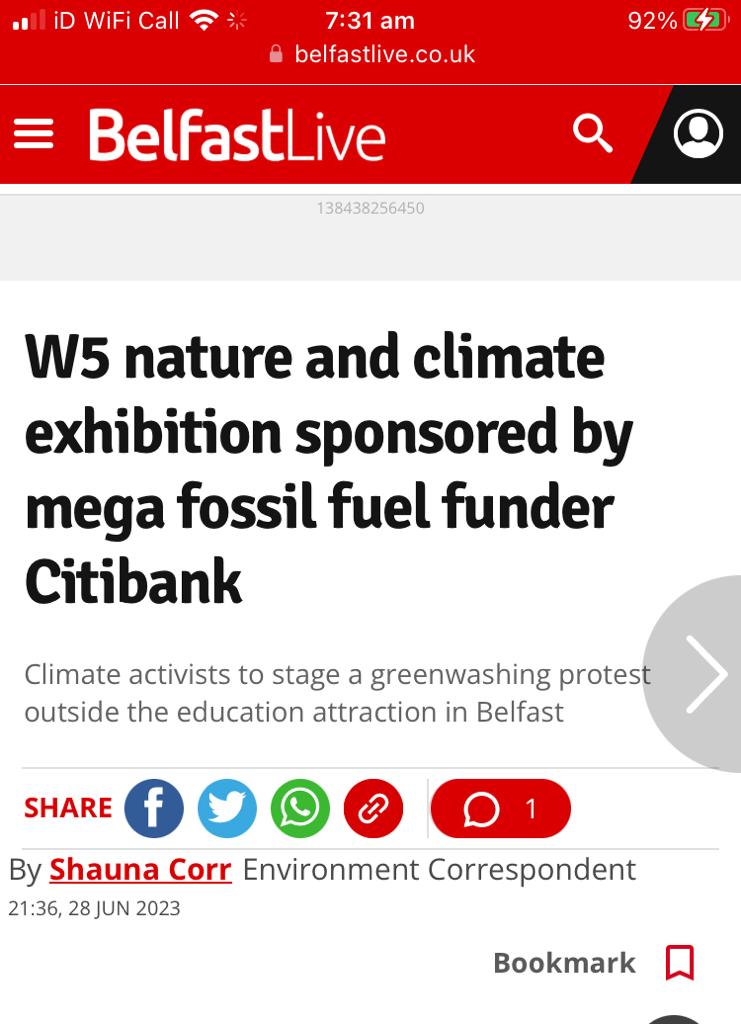 actnowni's tweet photo. Today we told @W5Belfast to stop being complicit in #FossilFuels fiend @Citi 's #greenwashing 

#NotInOurNature 

@BelfastLive @ShaunaReports https://t.co/SQU9UO38NU
