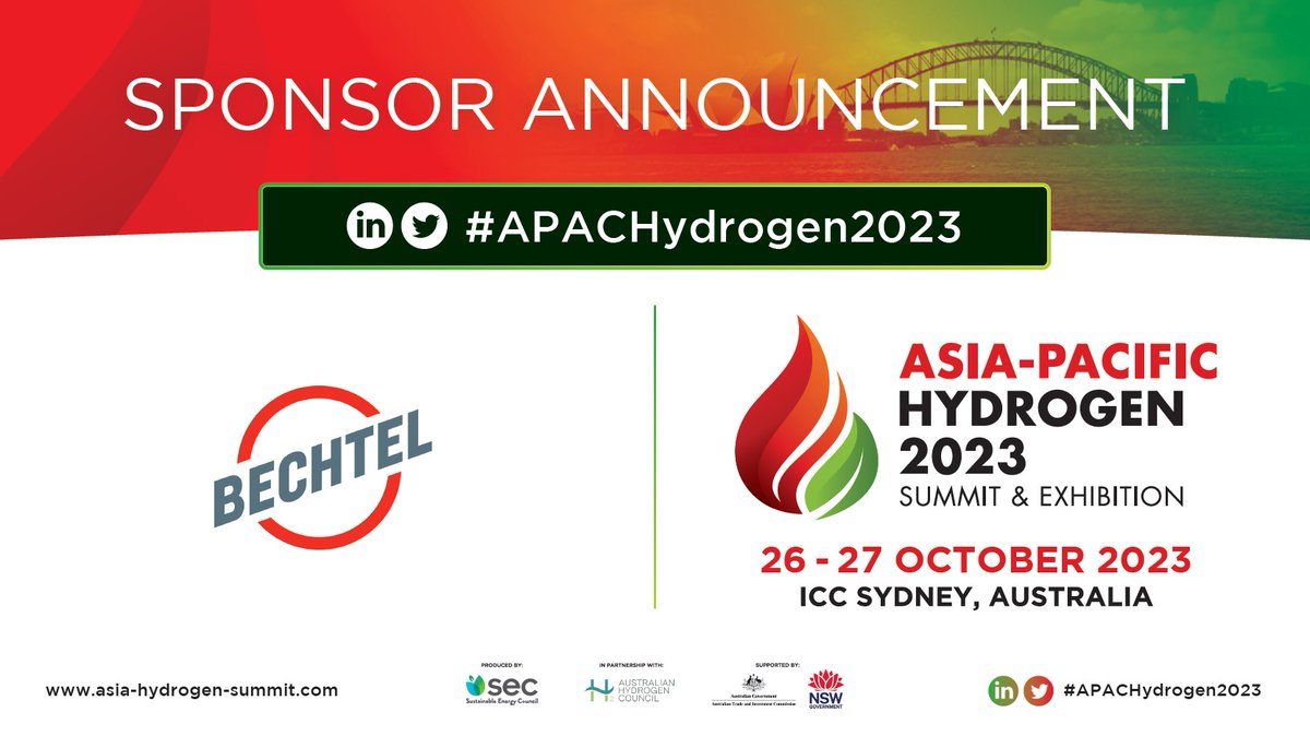 Asia-Pacific Hydrogen 2023 (@apachydrogen) on Twitter photo 📣 SPONSOR ANNOUNCEMENT! 📣
<a href="/Bechtel/">Bechtel Corporation</a> are Bronze Sponsors for the #APACHydrogen2023 Summit & Exhibition
<a href="/ICCSyd/">ICC Sydney</a> on 26 - 27 October.
📌Stand: bit.ly/3kY86g3
🎟️Ticket: bit.ly/3mFLYrv
📕Brochure: bit.ly/3ZxwxQt 📣 SPONSOR ANNOUNCEMENT! 📣
<a href="/Bechtel/">Bechtel Corporation</a> are Bronze Sponsors for the #APACHydrogen2023 Summit & Exhibition
<a href="/ICCSyd/">ICC Sydney</a> on 26 - 27 October.
📌Stand: bit.ly/3kY86g3
🎟️Ticket: bit.ly/3mFLYrv
📕Brochure: bit.ly/3ZxwxQt