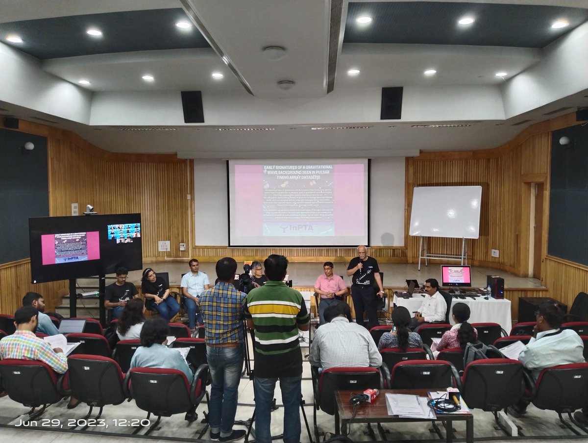 The exciting results obtained by the <a href="/InPTA_GW/">InPTA</a> and <a href="/EPTAGW/">European Pulsar Timing Array</a> team, as part of the global <a href="/IPTA_GW/">International Pulsar Timing Array</a> efforts to hunt for nanohertz #GravitationalWaves, were publically announced by members of the <a href="/InPTA_GW/">InPTA</a> collaboration through a press conference this afternoon held at #NCRA, Pune.