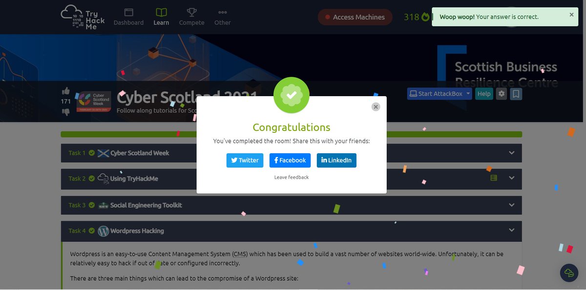 DhruvAg092003's tweet image. Day 318: Completed another room of Cyber Scotland 2021 on @RealTryHackMe.  I have completed 318 days journey on @RealTryHackMe. You can check it out:  tryhackme.com/room/cyberweek… #tryhackme #cyberweek2021 #sbrc #wordpress #set #socialengineeringtoolkit #beginner #businessresilience