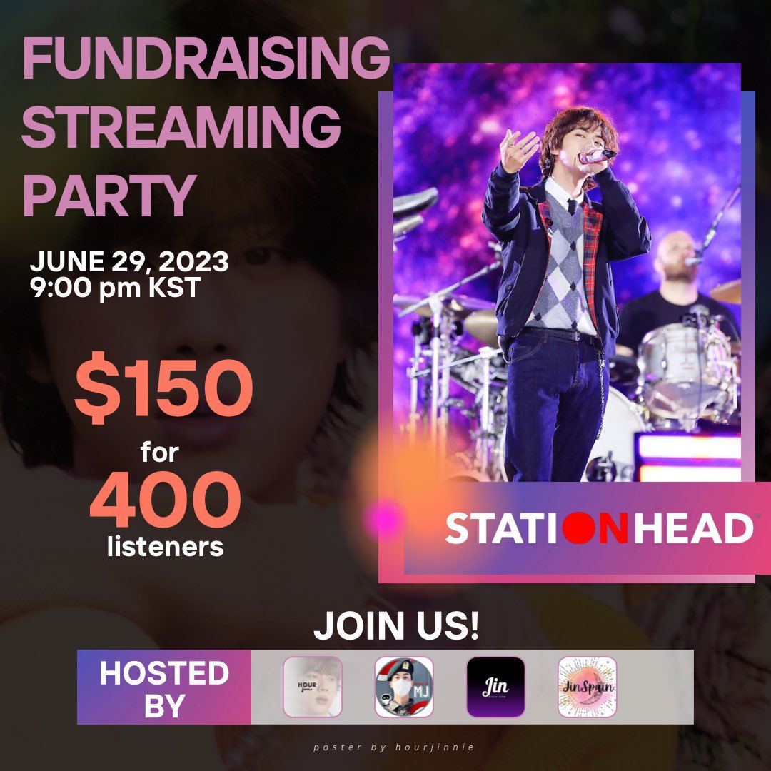 FUNDRAISING STARTS NOW 🙏🏼🙏🏼

Join us, @MadnaeJin1204 , @jinnieslamp and @KimSeokjinSpain for fundraising party right now 

Goal: 400 listeners for 150 USD towards 🇺🇸 KSJ1 FUNDS

LETS GO!

share.stationhead.com/mgmf1wzjGan