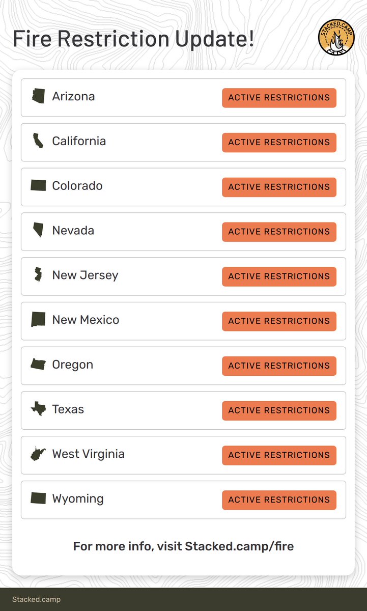 New US Fire Restrictions in Effect! For more info, visit Stacked.camp/fire. #wildfire #wildfires #hiking #forestfire #statepark #nationalpark #wildfireprevention #firesense