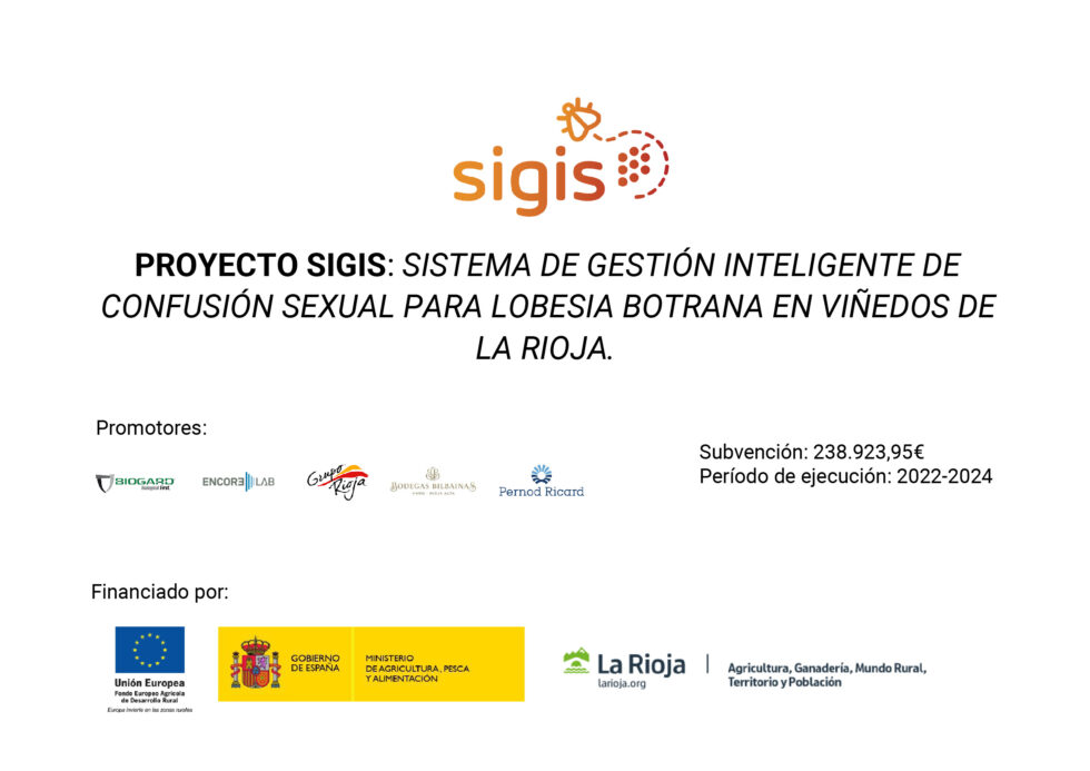 El proyecto SIGIS sigue combatiendo la polilla de racimo en su segunda temporada.

Cofinanciado por el Fondo Europeo Agrario de Desarrollo Rural (FEADER), el Ministerio de Agricultura y el Gobierno de La Rioja. Subvención: 238.923,95€.

Más información:
linkedin.com/feed/update/ur…
