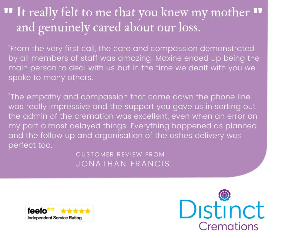⭐ Thank you to Jonathan for their lovely review Our mission is to be there as a comforting hand during such a difficult time, and it's always so heartwarming to hear such positive words when we've been successful at doing that Read more of our reviews: distinctcremations.co.uk/about-us/our-r…