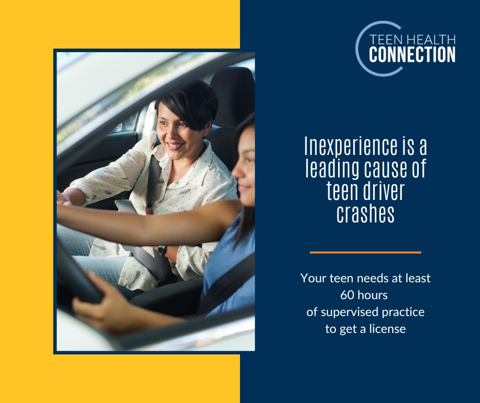 Your teen needs at least 60 hours of supervised practice to get a license. Prepare your teen driver by practicing on a variety of roads, routes, and conditions.  #TeenHealthConnection #Parenting #Parentsofteens #SafeDrivingMonth #TeenDriver