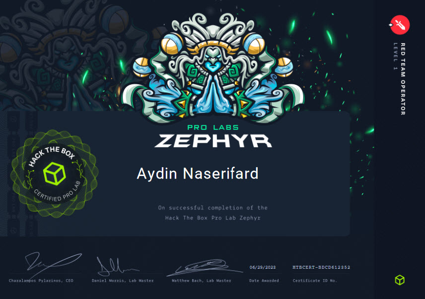 NaserifardA's tweet photo. I am thrilled to announce that I have successfully achieved the #zephyr #PrLab #certification from #hackthebox . Special thanks to @TheCyberGeek19 @dmw0ng1 and @hackthebox_eu for providing such an amazing real environment experience.
#zephyr #hackthebox #redteam #Pentesting https://t.co/pTsCAERu2c