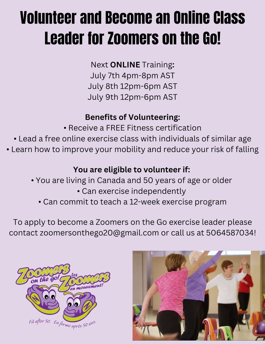 VeinerCentre's tweet photo. Are you 50+ and interested in getting a free fitness certification? 

Please send an email to zoomersonthego20@gmail.com for questions and to register! The deadline to register is Tuesday, July 4th.

#UnisonMH #VeinerCentre #Zoomersonthego https://t.co/pnYHuYLeYY