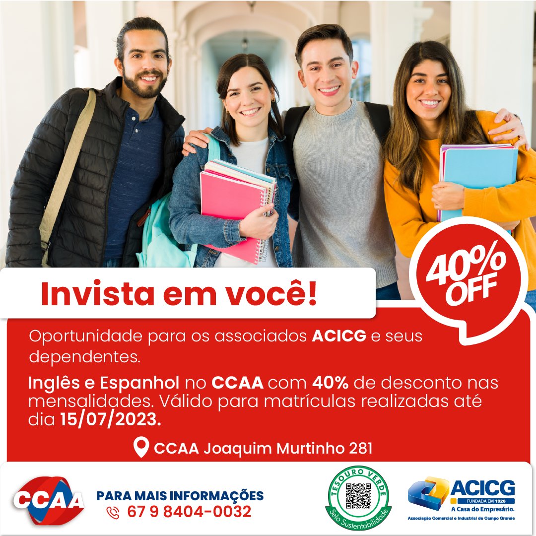 ACICG's tweet photo. A ACICG e CCAA Joaquim Murtinho trazem a oportunidade perfeita para quem deseja aprender um novo idioma! 📚 

Associados Ativos da Casa do Empresário possuem descontos de até 40% na matrícula em cursos de idiomas. 

Informações: (67) 9 8404-0032 https://t.co/nECQiJOQxU