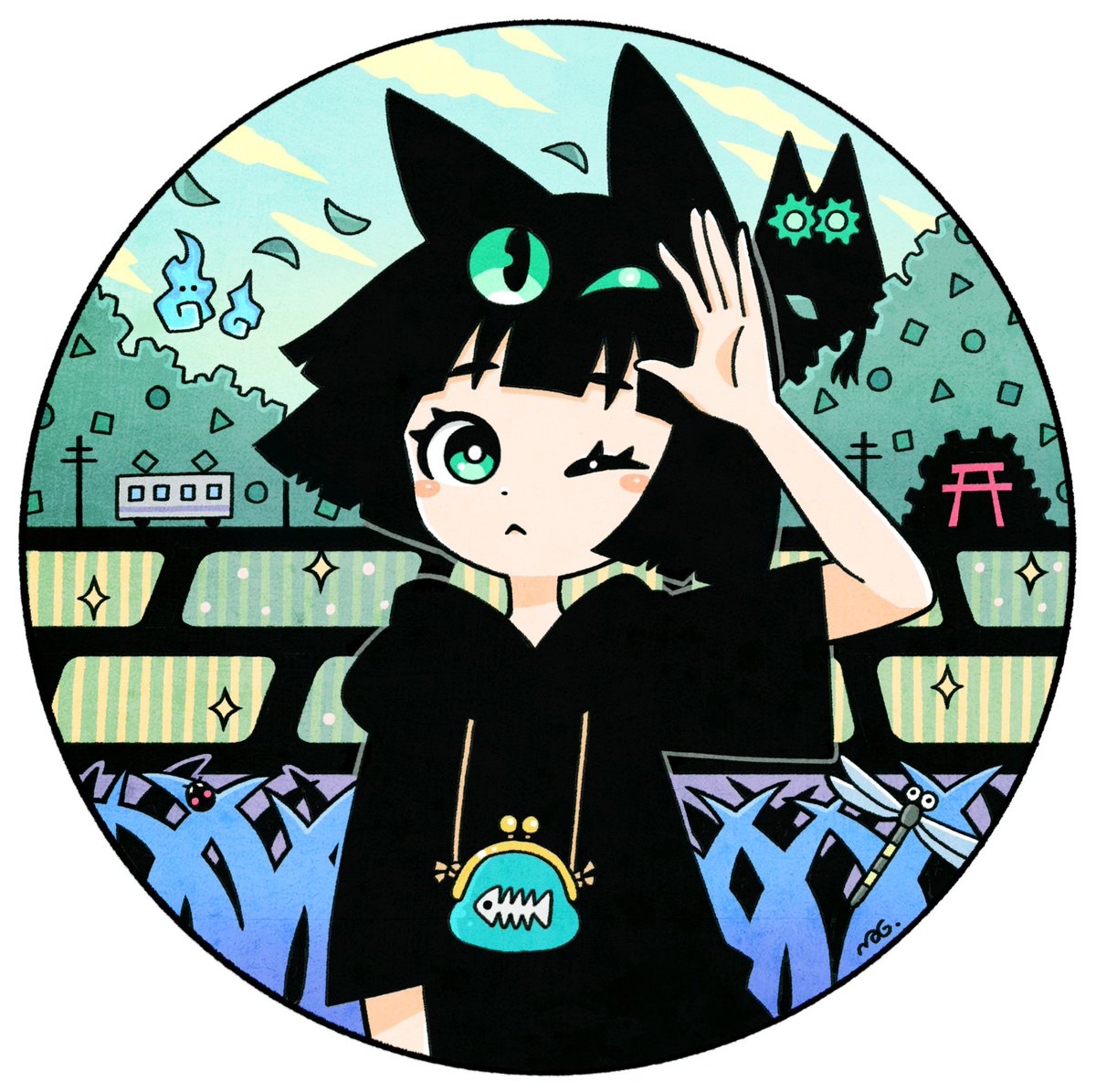 1girl black hair one eye closed short hair animal ears hood green eyes  illustration images