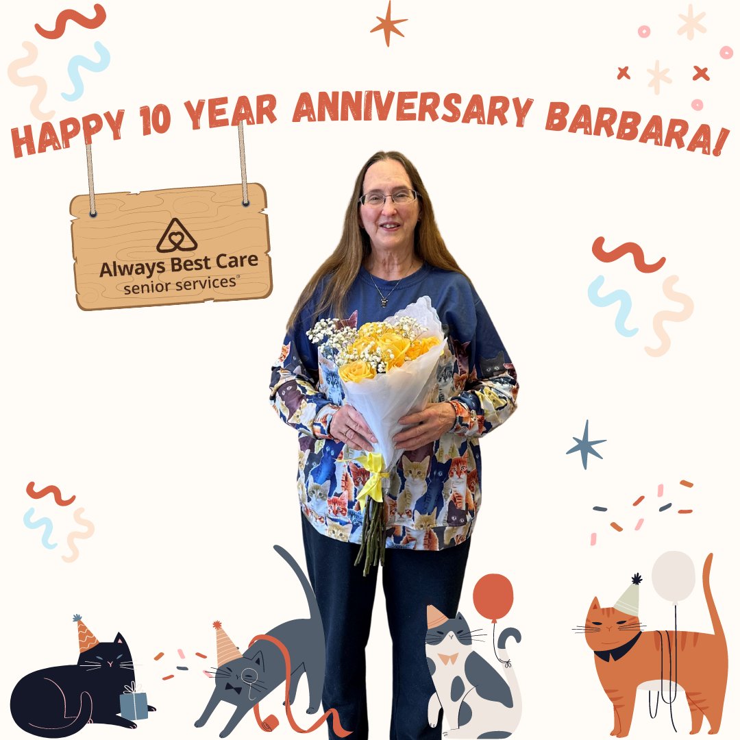 We have a lot to celebrate today, it is Barbara's 10 Year Anniversary with Always Best Care! 💐🎉🎈

#EmployeeAppreciation #Caregiver #AlwaysBestCare #AlwaysHiring #SeniorCare #CaregiverAppreciation #ElderlyCareJob #SanDiego #WorkAnniversary #Milestone #YearsOfCaring #Celebration