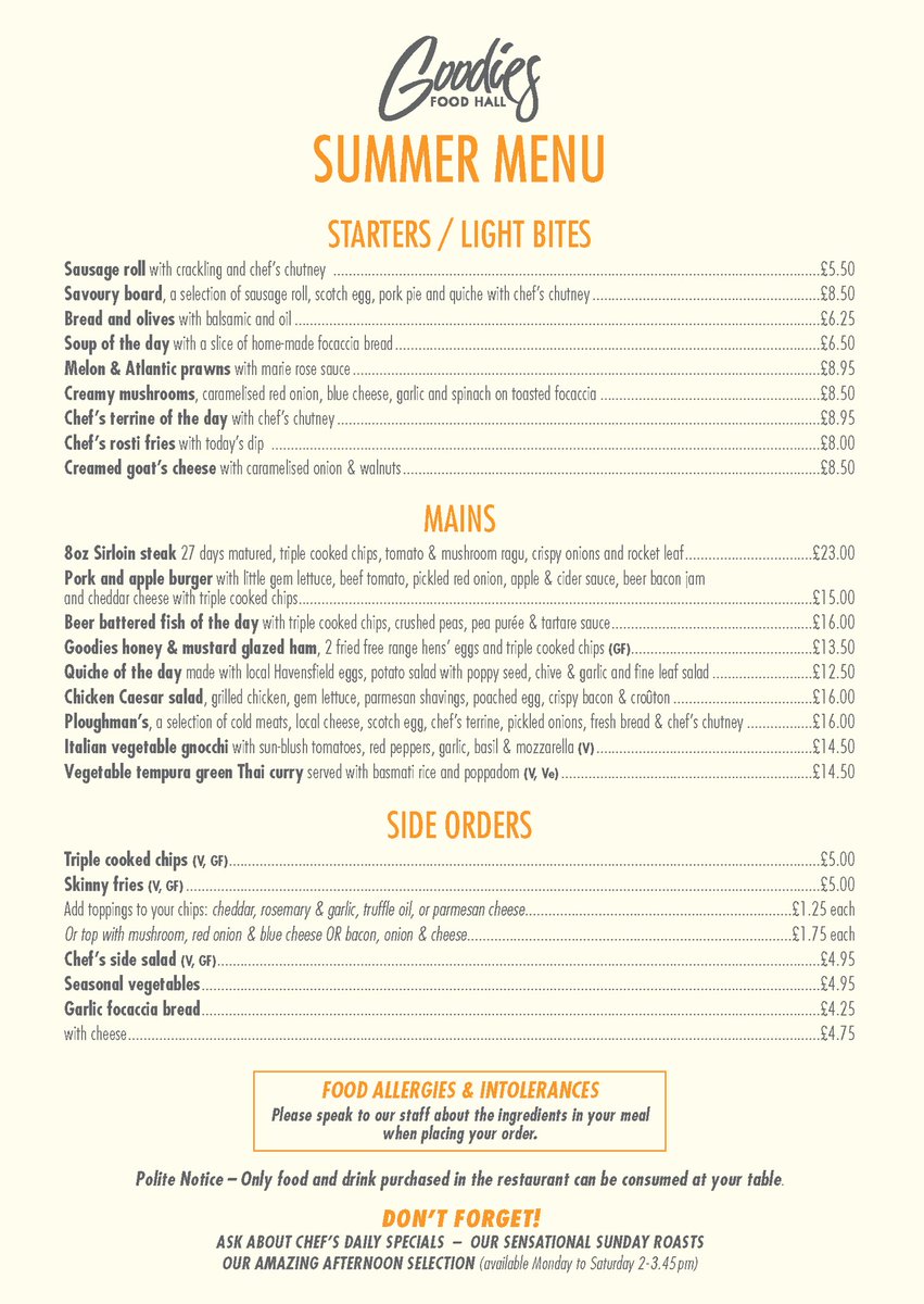 We are so excited to be staying open into the evening tomorrow (Friday 30 June) in the first of our All Day Fridays this summer. Come down, our restaurant will be open and serving all day with last orders at 8pm. 01379 676880 / eat@goodiesfoodhall.co.uk