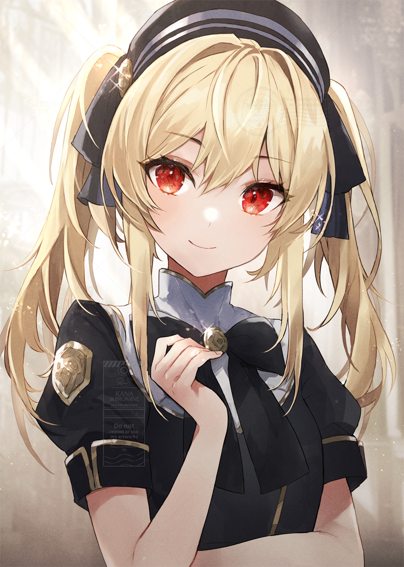 1girl blonde hair solo short sleeves red eyes twintails hat  illustration images