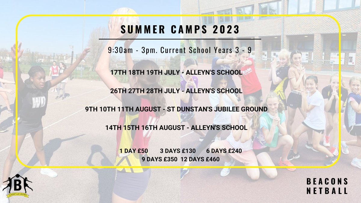 🌞SUMMER CAMPS 2023 BOOKINGS OPEN🌞

Book onto our Summer Camps via the link in our bio! 

Open to children currently in Year 3-9 (Going into Year 4 - 10 as of September 2023)

Join us over the school holidays for some summer netball fun in the sun💛

#beaconsnetball #summercamp