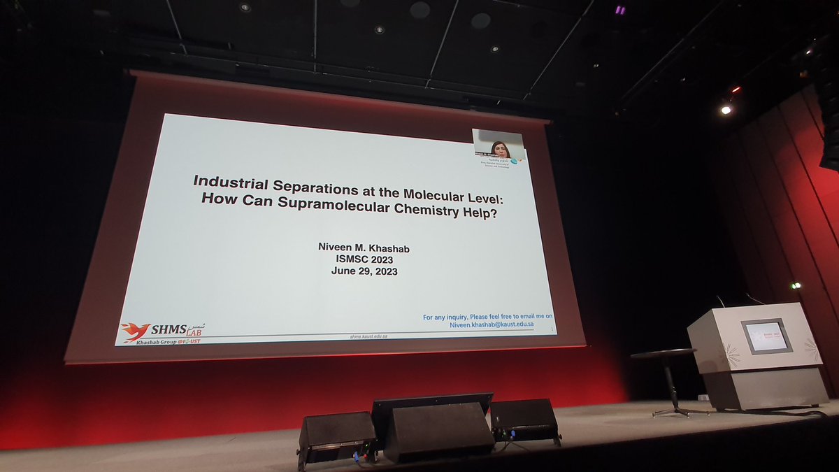 Final talk of this session is from the 2023 Cram-Lehn-Pedersen Prize Winner: Prof. Niveen Khashab @ShmsLab @KAUST_News Niveen was unable to travel to #ISMSC2023 but we are very fortunate that she was able to provide with insight to her great work on chemical separation via video.