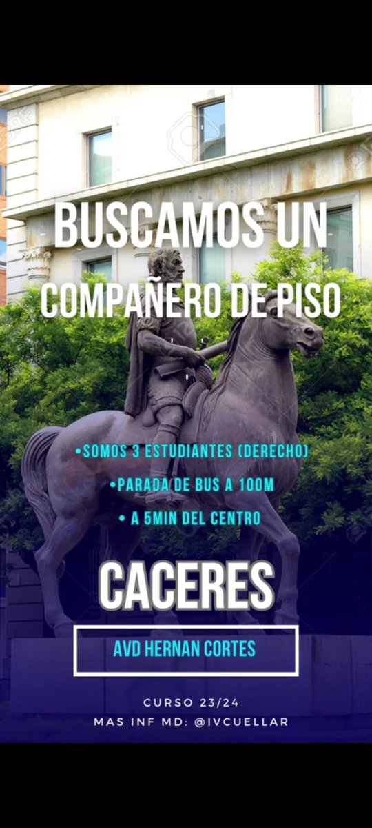 Somos 3 estudiantes de Derecho que buscamos un compañero para el curso 23/24 en CÁCERES.

Piso situado en Avd. Hernán Cortés. 
A 100 m de la parada de bus y a 3 minutos de múltiples y Paseo de Cánovas.

Se agradece difusión.

Más información por MD.