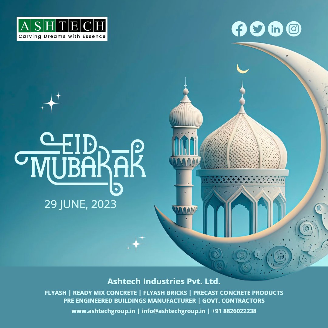 ashtech_group's tweet photo. Best wishes of Eid al-Adha from Ashtech Group family.
The company engaged in multiple business conglomerates. Some of its are Flyash, Ready mix concrete, Flyash bricks, Precast concrete products #happyeid #eidmubarak #Eid #eidaladha https://t.co/JaSlOuPRLm