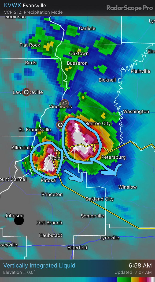 Large hail remains the big concern with storms this morning. Emergency management reported 1.75” hail South of Vincennes. This hail core is pushing towards Petersburg. Another area of Large Hail will push between Patoka and Hazleton #tristatewx #inwx