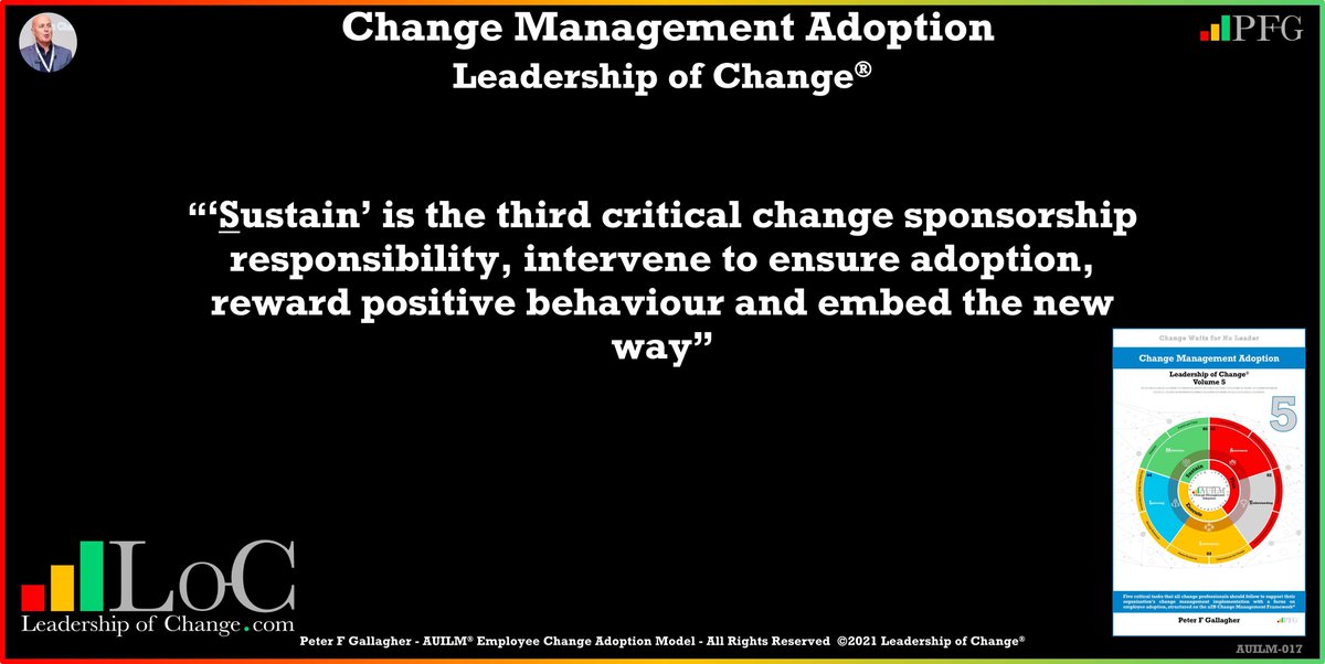 #LeadershipOfChange
‘Sustain’ is the third critical change sponsorship responsibility, intervene to ensure adoption, reward positive behaviour and embed the new way
#ChangeManagement
bit.ly/3tzjvCs