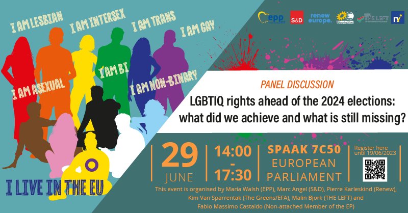 LGBTIintergroup's tweet photo. 📣 Happening NOW📣
🏳️🌈🇪🇺 Our Co-Chairs @MarcAngel_lu @kimvsparrentak and VPs @MalinBjork_EU @FMCastaldo @MariaWalshEU @Pierre_Ka are currently hosting an event on #LGBTIQ rights ahead of the #2024 elections
💻 Hybrid event
❗️Follow here: https://t.co/Oox5O3Dt38
#QueerEvent https://t.co/8mh8AZLtFv