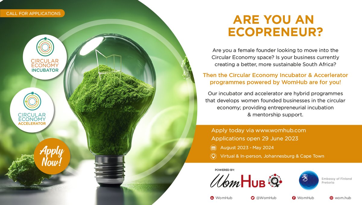 Applications now open for the Circular Economy Incubator &amp; Accelerator, in partnership with the <a href="/FinEmbPretoria/">FinlandInSouthAfrica</a>!
Calling all South African women ecopreneurs to #ApplyNow:

#Incubator: womhub.com/cei-2023.html
#Accelerator: womhub.com/cea-2023.html