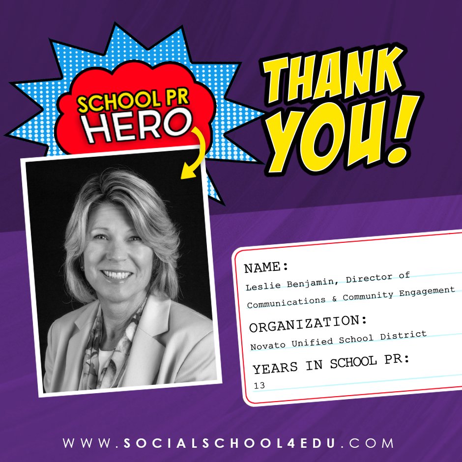 andreagribble's tweet photo. Congratulations to this week's #SchoolPR Hero Spotlight: Leslie Benjamin, Director of Communications & Community Engagement at Novato Unified School District.
Leslie, YOU ROCK! ๐ฆธโโ๏ธ
#SchoolPRHero #socialschool4edu @NUSD1 #nusdrocks #iamnusd #novatoschools https://t.co/iYG7XbhF5f