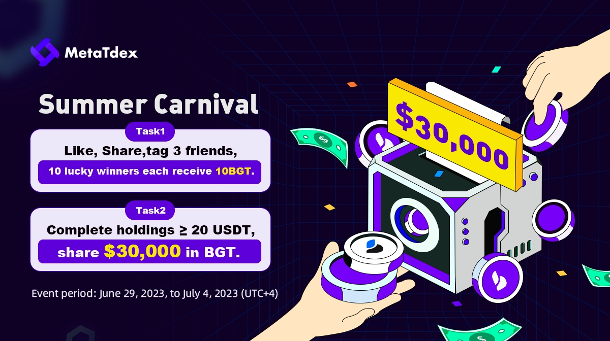 🎉 Summer Carnival: Win $30,000 in BGT Airdrop on MetaTdex! 🌞

Event Period: June 29 - July 4, 2023 (UTC+4)

📌 Task 1: Social Media Task - [10 people * 10BGT] (1BGT = 3USDT)
📌 Task 2: Holdings Task - Share 10,000BGT prize pool equally (1BGT = 3USDT)

Complete gleam task: