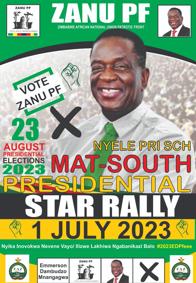 faz_trust's tweet photo. Woza Bulilima Star rally.
Asihlanganeni ku @ZANUPF_Official  Provincial Star rally lapho umongameli welizwe ubaba u @edmnangagwa ezabe esethula umbiko oqakathekileyo... https://t.co/q1UpkFW4tN